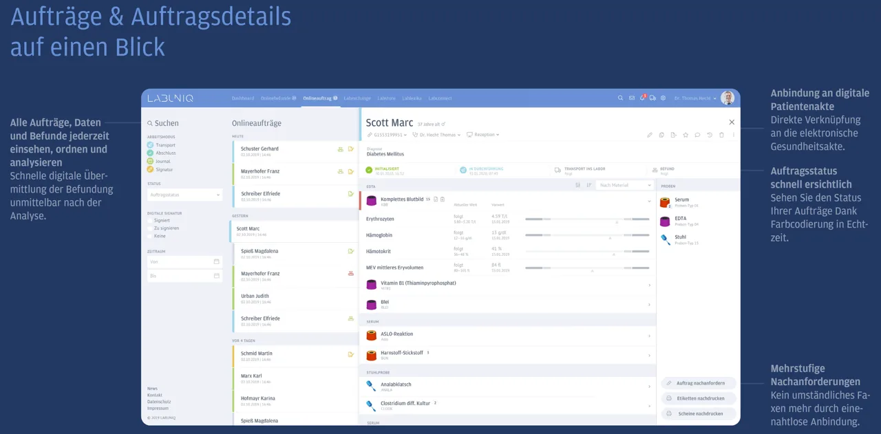 Keep track of orders, samples, results and status information in one clear workflow – from request to completion.