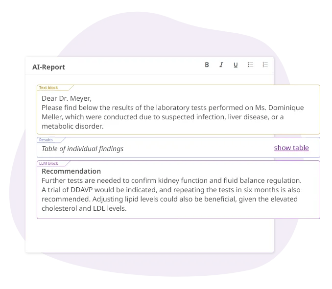 AI-powered report generation – reports tailored to the target audience using LLM-based templates