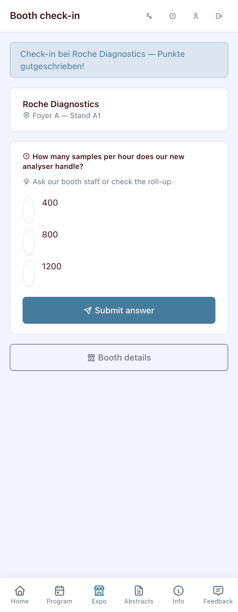Booth check-in with quiz