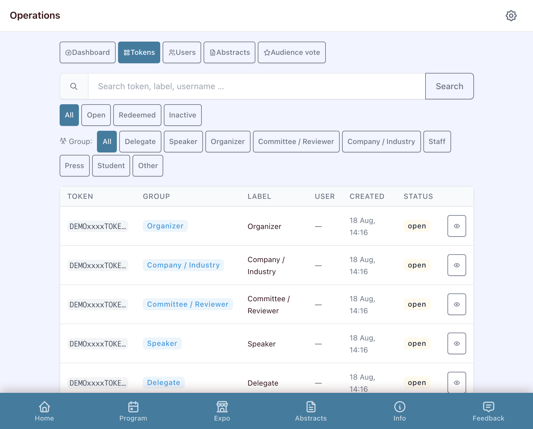 Token list with filters