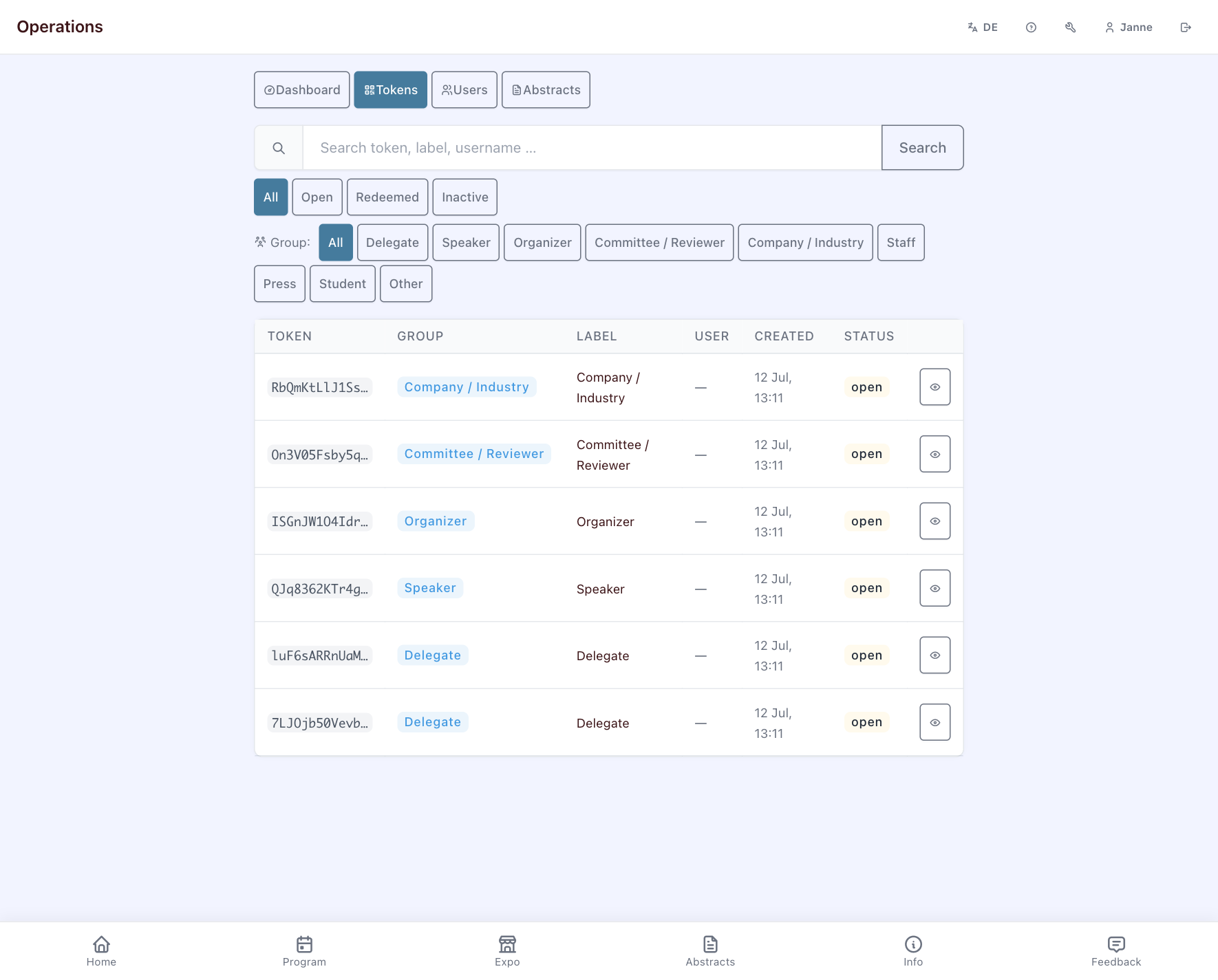 Token list with filters